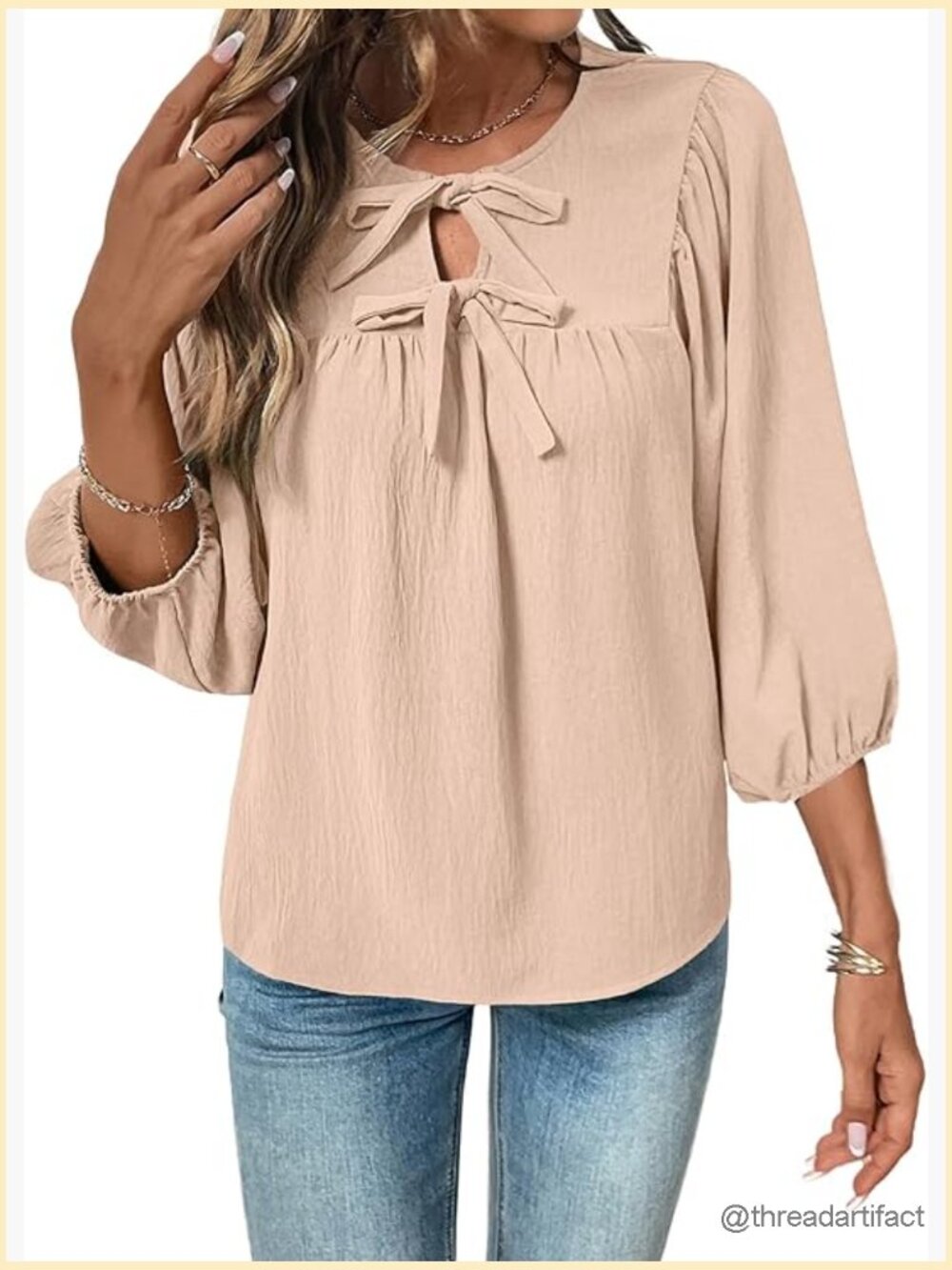 3/4 Sleeve Bow Tie Babydoll Blouse Dressy Casual Tunic Top Loose Fit